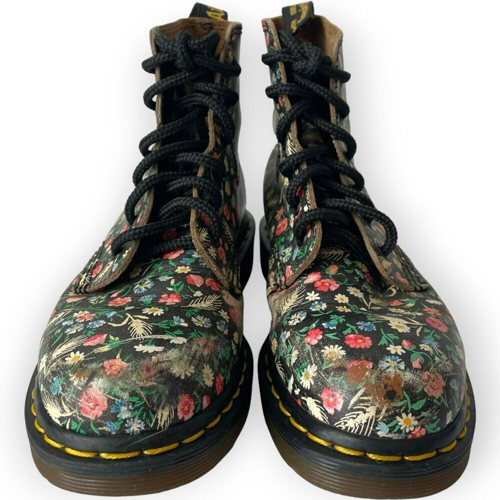 Dr. Martens Floral Made in England Leather Boots US 6 UK 4 Eye 90's Wheat Black - Picture 3 of 15